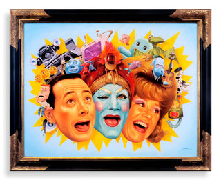 Colorful artwork of three faces with various objects on their heads, framed in gold.