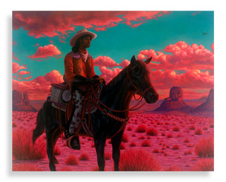 Cowboy on horseback in a desert landscape with pink and blue sky