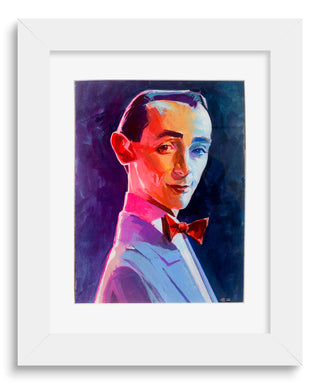 Framed artwork of a stylized portrait with a colorful palette.