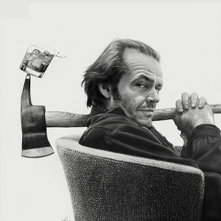Black and white drawing of a seated man holding an axe with a drink balancing on the blade