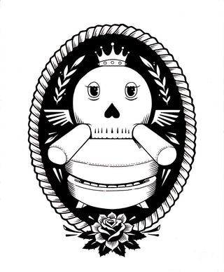 Black and white illustration of a skull with floral elements on a white background