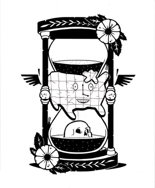 Cartoon character inside an hourglass with decorative elements on a white background