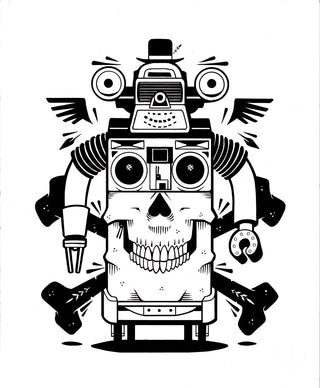 Black and white illustration of a robot with a skull face on a white background