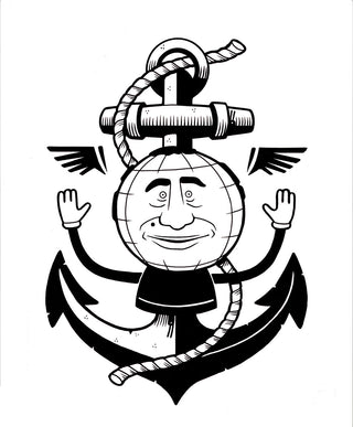 Black and white illustration of a smiling anchor with a face, arms, and wings on a white background