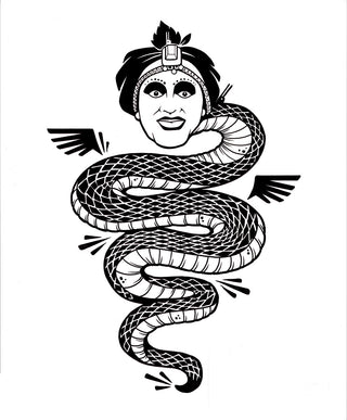 Black and white illustration of a snake coiled around a figure's neck on a white background