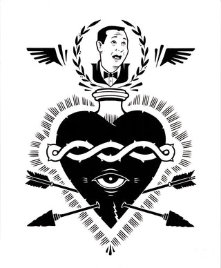 Black and white illustration with a heart, arrows, and a face in a wreath.