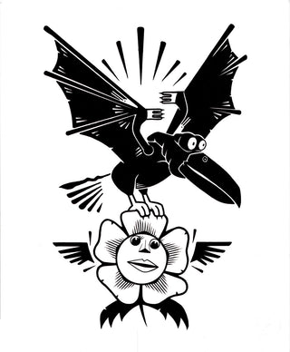 Black and white illustration of a bird perched on a flower with a white background