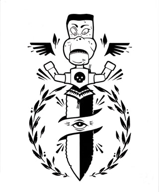 Black and white illustration with a central figure, wings, and a dagger on a white background