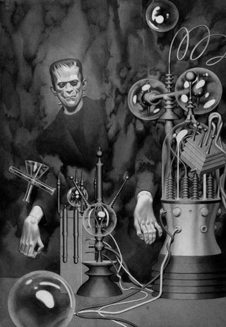 Black and white illustration of Frankenstein by Joao Ruas with mechanical parts and scientific apparatus.