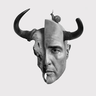 Black and white drawing of a half ram skull and half man face