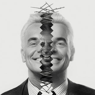 A black and white portrait of a smiling man in a suit and striped shirt, with a surreal vertical zigzag cutthrough splitting his face and hair into mirrored halves against a plain light background.