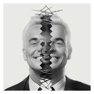 A black and white portrait of a smiling older man in a suit and striped shirt, with a jagged zigzag cut-through effect running vertically down the center of the face and hair, against a plain light background.