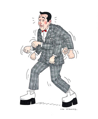 Cartoon of a man in a plaid suit with large shoes on a white background