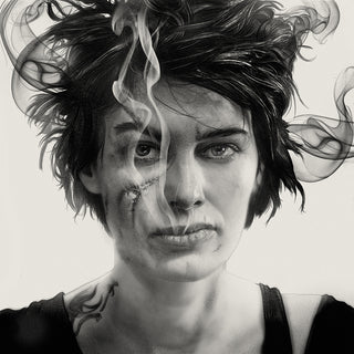 Black and white drawing of a woman with scares on her face and smoke coming out of her