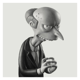 A grayscale illustration of a cartoon-like bald man with a long nose, wearing a suit and tie, shown against a plain light background.