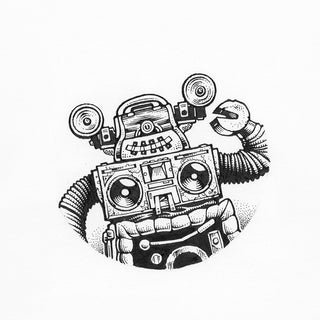Black and white illustration of a robot holding a boombox on a white background