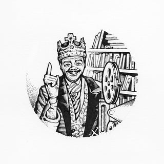 Illustration of a person wearing a crown with books and a film reel in the background