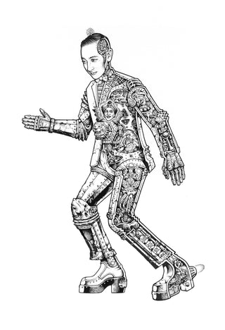 Black and white illustration of a person wearing a detailed, futuristic outfit with mechanical elements.