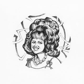 Black and white illustration of a woman with a large hairstyle and decorative hair accessories.