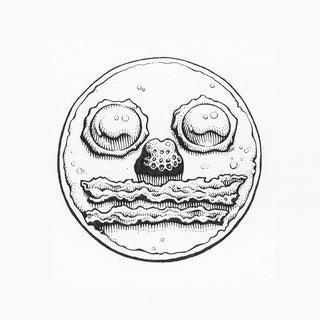 Black and white illustration of a moon with a face on a white background