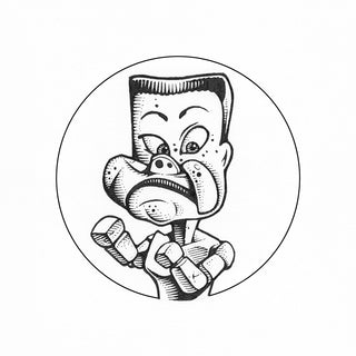 Black and white illustration of a cartoonish character with a circular border