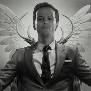Black and white drawing of a man in a suit with angel wings and antlers behind him