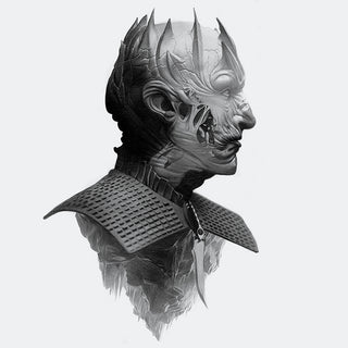 Black and white drawing of a creature with horns