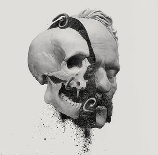 Black and a white drawing of a human head with half of it's skull revealed