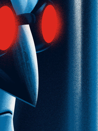 Close-up of a character with red eyes and a blue and white helmet on a dark background