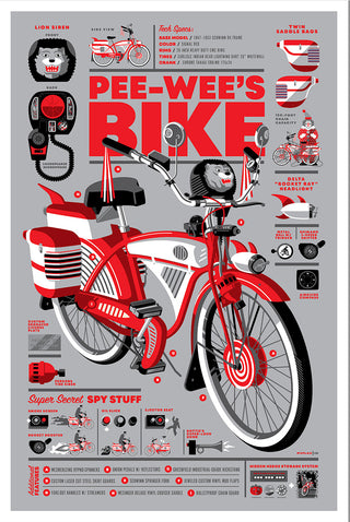 Infographic image depicting all of the parts of Pee-wee Herman's bike on red foil paper.