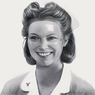 Black and white drawing of a woman wearing a plastic mask of a smiling woman