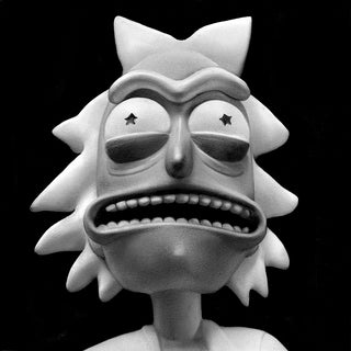 Black and white drawing of a cartoon man with stars for eyes