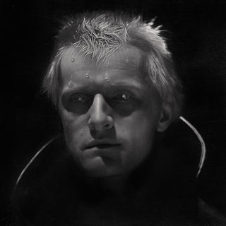 Black and white drawing of a sweating man with white pupils