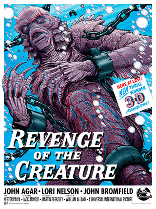 Vintage movie poster for 'Revenge of the Creature' with a creature in chains and text about 3D release.