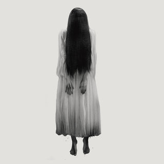 Black and white drawing of a figure in a white dress with long black hair covering their face