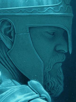 A close-up artistic depiction of a bearded man in profile wearing a helmet, rendered in monochromatic teal-blue tones against a dark blue background.