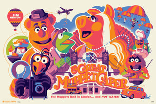 Colorful poster of The Muppets with various characters and text designed by artist Tom Whalen.