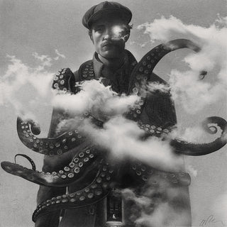 Black and white drawing of a man with octopus tentacles coming out of his body