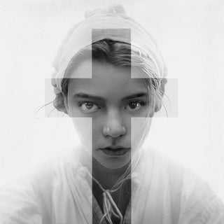 Black and white drawing of a woman wearing a bonnet behind a cross silhouette
