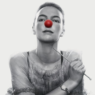 Black and white drawing of a woman with a red clown nose