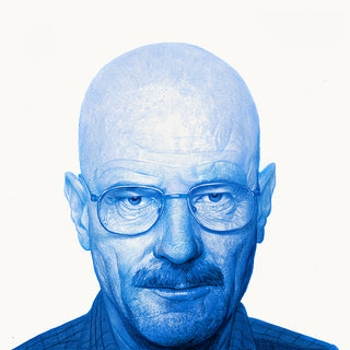 Blue drawing of a bald man wearing glasses
