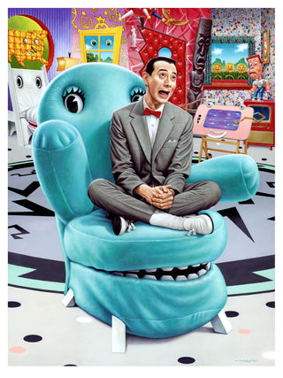 Pee-wee Herman in a suit sitting on a Chairry with cartoonish features in a colorful room.