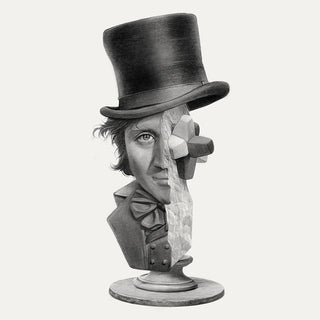 Black and white drawing of a stone sculpture of a man with a top hat