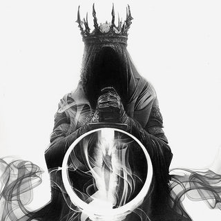 Black and white drawing of a seated witch king
