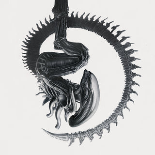 Black and white drawing of a robot alien creature