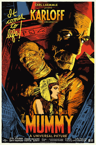 Vintage movie poster for 'The Mummy' featuring a mummy and a woman, with text and colors.