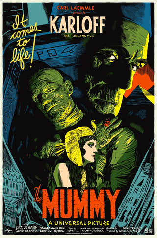 Vintage movie poster for 'The Mummy' featuring Karloff and the actress Zita Johann.