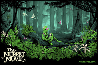 Muppet Movie poster by Ken Taylor featuring Kermit the Frog sitting on a log playing the banjo.