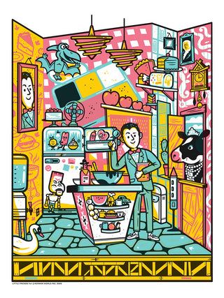Animated Looking Pee-wee Herman in the Playhouse kitchen. Surrounded by multiple characters. Very colorful, pinks yellows and blues.