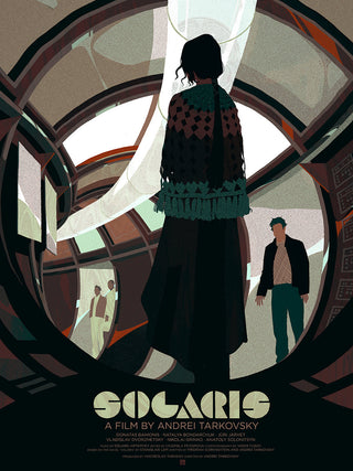 Movie poster for 'Solaris' by Andrei Tarkovsky featuring a woman and a man in a futuristic setting.